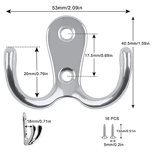Hiyouer 6 PCS Dual Coat Door Hooks, Double Prong Wall Mounted Hooks with 16 PCS Screws for Hanging Hat Tie Clothes Towel Metal Retro Cloth, Chrome Hanger for Bedroom Bathroom Kitchen,Silver