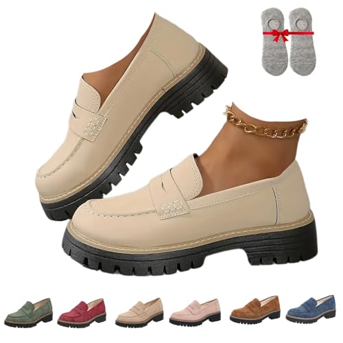 Orthoture-Orthopedic Platform Loafers, Orthoture Womens Shoes, Retro Lug Sole Slip On Loafers Casual Fashion Comfort(Beige,US 7.5)