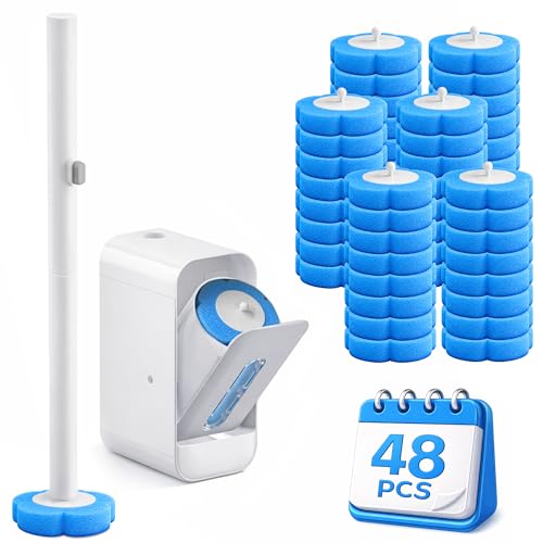 Disposable Toilet Brush Wand with Holder: 48 Refills Long Handle Wall Mounted Storage Caddy - Sudsy Cleaning System Kit for Bathroom Bowl Bathtub Sink Basin in Tiny Spaces