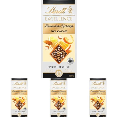 Lindt Chocolate EXCELLENCE PASSION NARANJA ALMENDRA chocolate negro con naranja y almendra, tableta de chocolate puro, chocolate negro al 70%, aromático, extrafino (Paquete de 4)