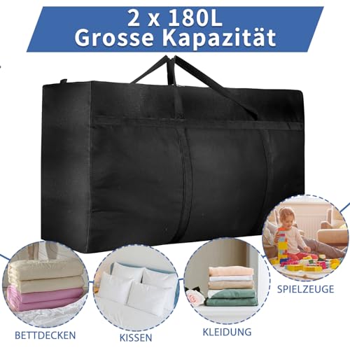 Dntorx 2 Stück 180L Extra Große Aufbewahrungstasche, Oxford Heavy-Duty Umzugstaschen mit Reißverschlüssen Handgriff, Wasserdichte Tragetasche für Umzug Bettdecken Kleidung Bettwäsche Aufbewahrung