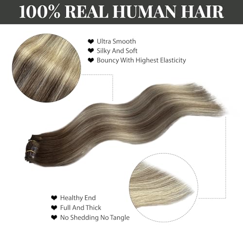 Image of Belaved Clip in Hair Extensions Real Human Hair, 16 Inch 70g 7pcs, Ash Brown & Bleach Blonde Balayage Seamless Invisable Extensions