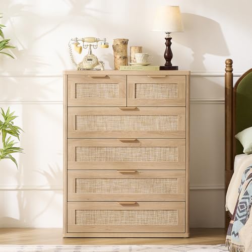 Image of LEYAOYAO Rattan Dresser for Bedroom, 41 inch Tall Chest of Drawers, Modern 6 Drawers Boho Dressers with Storage, Light Oak Dresser Wooden Closet Organizer for Living Room, Hallway, Natural Wood