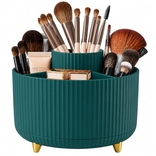 Zollyss 360° Rotating Makeup Brush Holder with 5 Compartments | Makeup & Skincare Organizer for Vanity, Bathroom & Desktop | Green