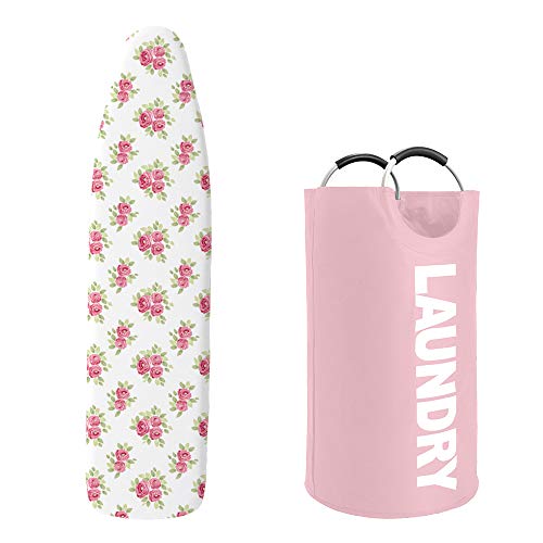 Gorilla Grip Ironing Board Cover And Laundry Basket, Ironing Board Cover Size 15X54 In Pink Floral, Laundry Basket 115L In Light Pink, 2 Item Bundle #TOP29