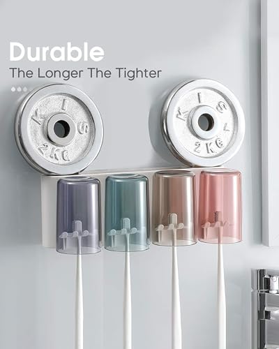 Image of Wall Mounted Toothbrush Holder for Bathroom with 3 Cups | Dustproof Toothbrush Organizer Stand | BPA-Free Bathroom Storage Shelf for Toothbrush, Toothpaste, Comb & Razor | Self Adhesive