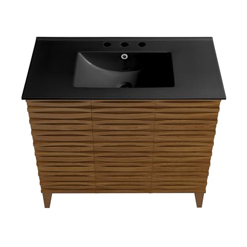 Image of Swiss Madison Cascade 36 in. Brown Oak Bathroom Vanity with Black, 3-Hole Ceramic Sink Top