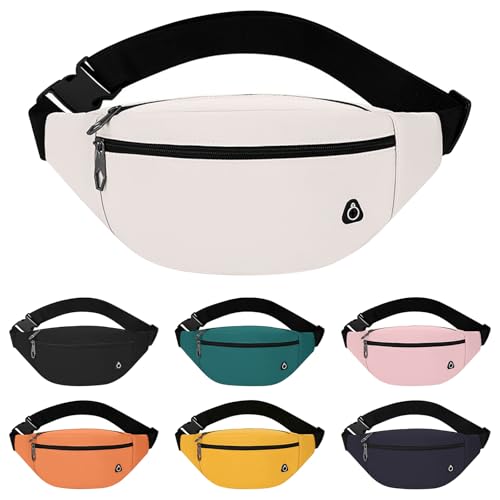 RISIPU Bum Bag for Men Women — Waterproof Bumbag Fanny Pack with Headphone Jack and Adjustable Strap, 3-Zipper Pockets, Lightweight Waist Bag, Ideal for Running, Hiking, Cycling, Travel (White)