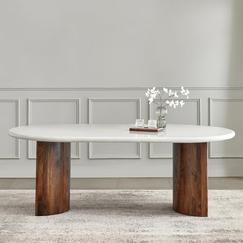 Image of Home Centre | Pristyn 6 Seater Tables | Dining Set for Home | Mango Wood, Composite Marble Top | Grey | 1 Year Warranty