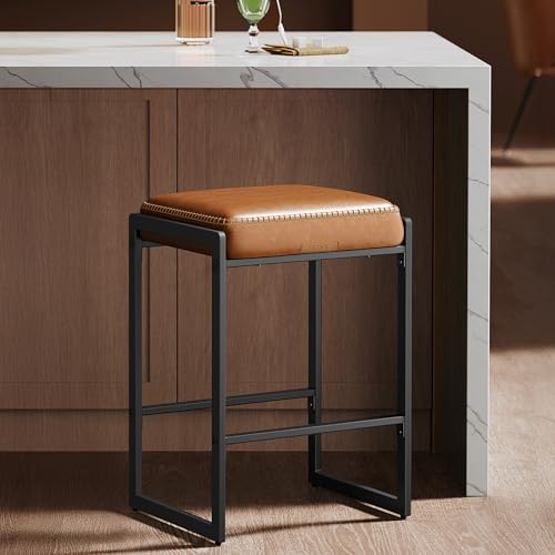 Image of VASAGLE EKHO Collection - Bar Stool, Counter Height Bar Stool, Synthetic Leather with Stitching, Mid-Century Modern, 26-Inch Tall, Kichen Home Bar Dining Room, Caramel Brown ULBC186K01S