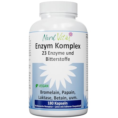 Enzym Komplex mit 23 aktiven Inhaltsstoffen – 180 magensaftresistente Kapseln – Hochdosierte Verdauungsenzyme mit Bromelain, Papain, Lipase, Betain HCL & Bitterstoffen – Vegan – Digestive Enzymes