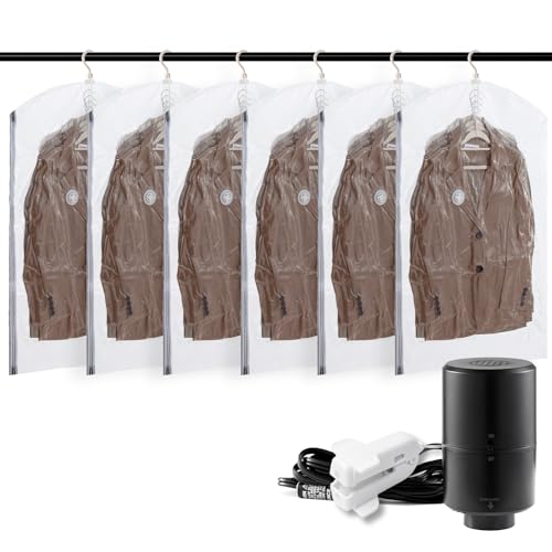 TAILI Hanging Vacuum Storage Bags with Electric Pump, Vacuum Seal Bags for Clothing Travel, Space Saver Closet Organizer for Clothes, Coats, Suits and Jackets, 6 Short(41.3x27.6 in)