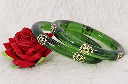 Image of NMII Traditional Glass With Diamond Cutting Pattern Glossy Finished Stylish Kada Set For Women And Girls | Crystal Glass Kada Bangles Set For Wedding, Festive