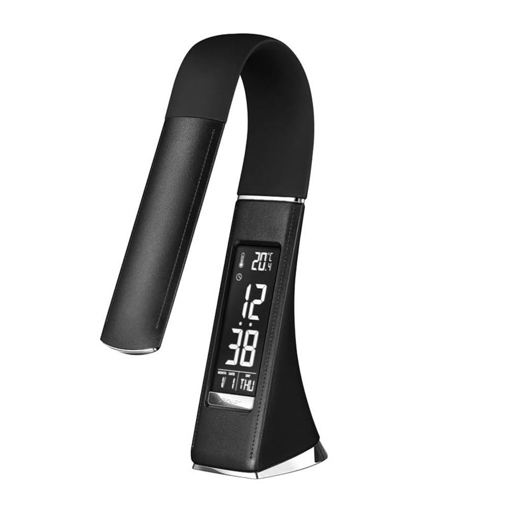 wonderlamp - Flexo escritorio LED con reloj, Pipo, Lámpara de escritorio Táctil, 5W con Intensidad Luz Regulable, Cuero Negro