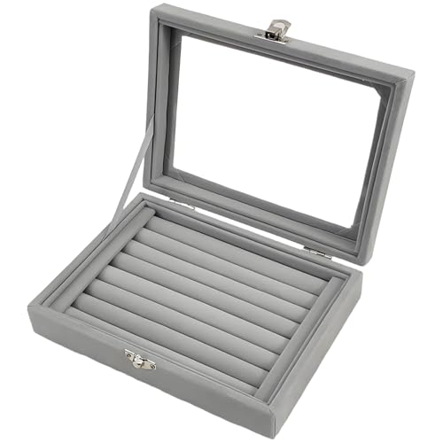 SHILIUZHI Velvet Jewellery Box, Jewellery Rings Box, Rings Organiser, Storage Tray Holder with Glass, Earrings Storage Case, for Women, Girls, Grey