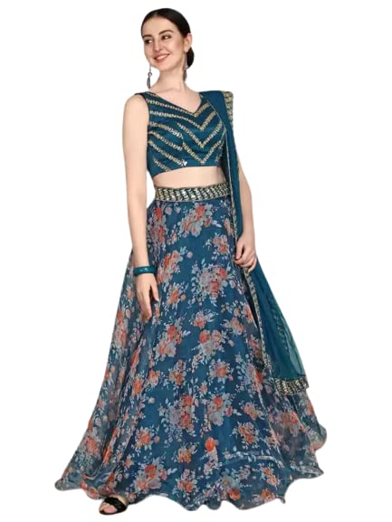 BELLUXAWomen's Cotton Blend Semi-Stitched Lehenga Choli (2021-RTC_Silver, Blue_Free Size)