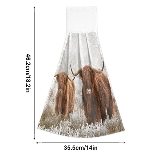 Junzan Scottish Highland Cow Kitchen Hand Towel 2Pieces Super Soft Absorbent Western Deco Hanging Tie Towels Dishcloth For Bathroom Tea Bar Tabletop Farmhouse Beach #TOP1