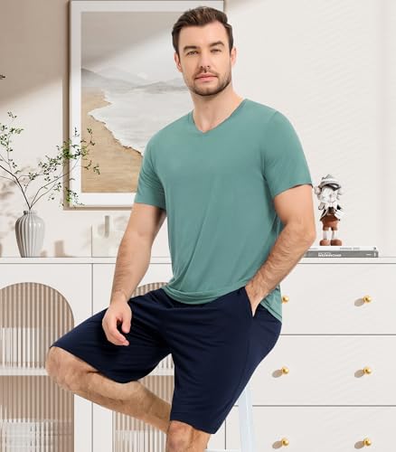 Image of NACHILA Men's Pajamas-Viscose Made from Bamboo, Short Sleeve Top with Shorts Pjs Set V Neck Sleepwear Cool Loungewear