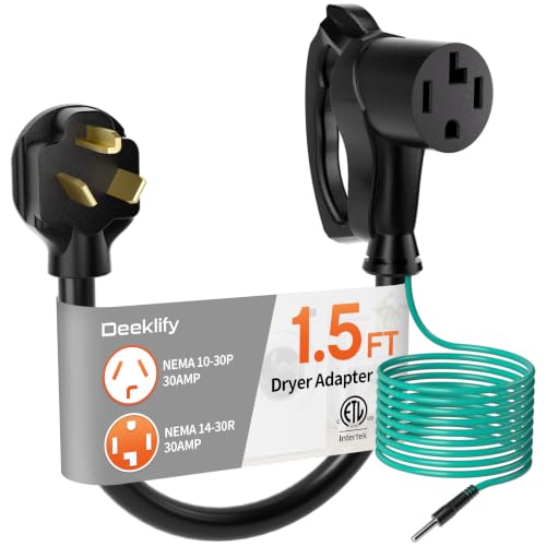 Deeklify 1.5 ft 10AWG 4 Prong to 3 Prong Dryer Adapter 4 to 3 Prong Dryer Plug Adapter NEMA 10-30P to 14-30R with Green Ground Wire 30A 250V 7500W Heavy Duty SRDT for New Dryers ETL Listed Black