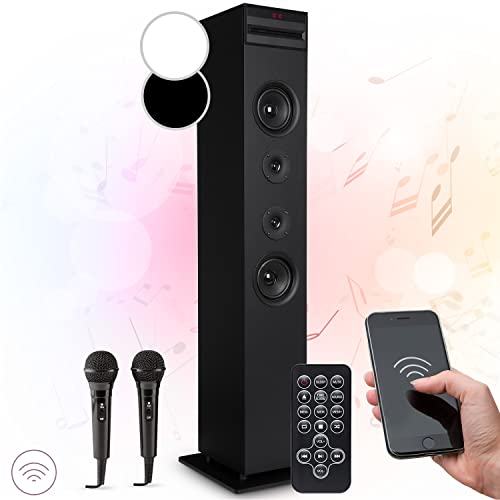 Auna Micro Karaoke avec 2 Microphones, Lecteur CD USB, Karaoké Complet Enfant, Adulte, Micro Enfant pour Chanter Fille et Garcon, Micro sans Fil Bluetooth, Sono Enceinte Tour, Micro Chant et LED