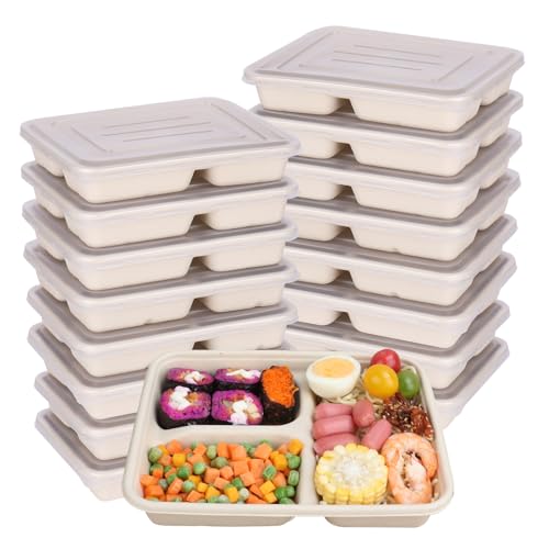 23 oz Sugarcane Fiber 3 Compartments disposable plates with Lids food container sets Plant Fibers Freezer Safe 50 Pack