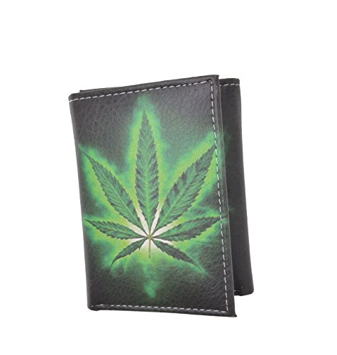 MARSHAL Men's Genuine Leather Credit Card ID Holder Trifold Wallet with Middle Flap (Marijuana Leaf)