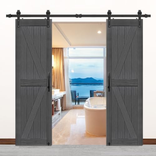 Image of S&Z TOPHAND 24 in x 84 in Double MDF Deep Gray British Brace Barn Door with 8FT Sliding Door Hardware Kit /Simple Assembly is Required