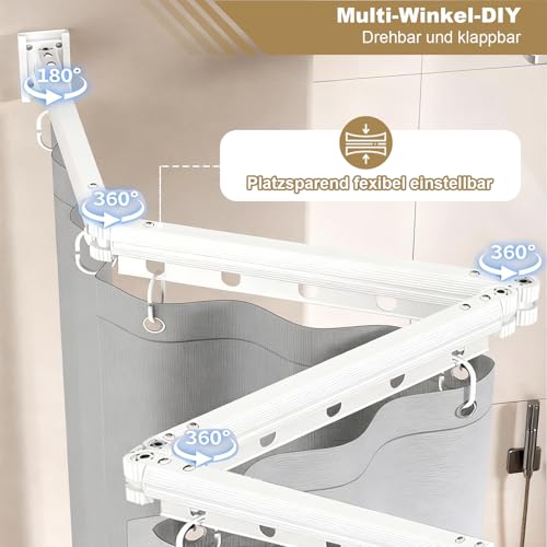 Faltbare Duschvorhangstange Ohne Bohren, 4-fach Faltbar & Drehbar, Aluminiumlegierung, mit 180 x 200 cm Wasserdichtem Antischimmel Duschvorhang, Für Badezimmer Badewanne (Weiß/Grau)