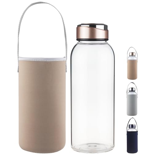 SHOW INGENUITY 1500ml Borosilicate Glass Water Bottle BPA Free Reusable Glass Drinking Bottle with Neoprene Sleeve and Stainless Steel Lid