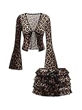 RoseSeek Women's 2 Piece Y2K Leopard Print Outfits Bell Long Sleeve Tie Front Top and Layered Ruffle Shorts Set Brown Medium
