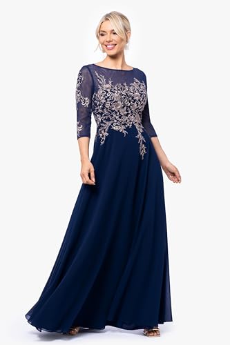 Betsy & Adam Women's Long 3/4 Sleeve Embroidered Chiffon Gown2