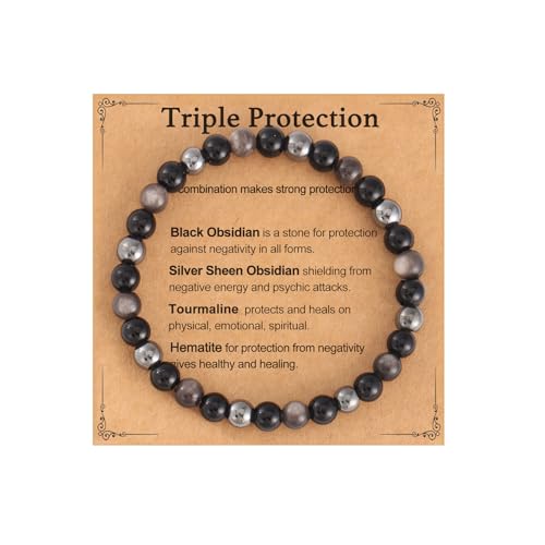AULSIEY Triple Empath Protection Bracelet Gifts for Women Hematite Black Tourmaline Obsidian Bracelet for Men Protection Healing Crystal Bracelets Evil Eye Jewelry Bracelets Mental Health-6mm