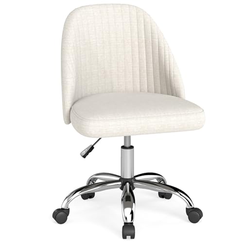 GYMAX Silla de Oficina sin Brazales, Silla de Escritorio Ergonómica con Giro de 360°, Altura Ajustable, Ruedas Giratorias y Espuma Elástica, para Estudiar, Trabajar y Relajarse, Carga 136 kg (Beige)