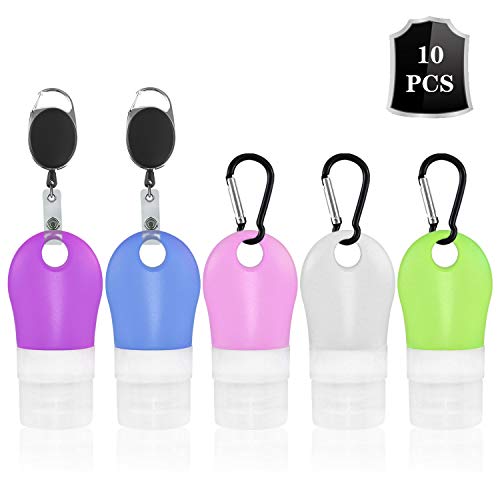 10 Pcs Silicone Travel Bottles Set, Travel Size Containers, Leak Proof Squeezable Tubes with Keychain and Retractable Badge Holders, Reusable Bottle for Toiletry, Shampoo, Liquid, Cosmetic (1.3 Oz)