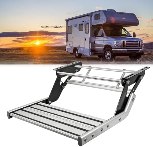 Foldable RV Step with Rug, Heavy-Duty Non-Slip Trailer Stair, Easy Install Steel Steps for RV, Camper, and Trailer (Double Layer, Manual, No LED Lights)