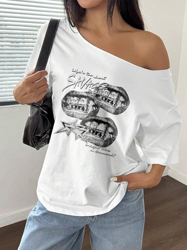 Image of SXV STYLE Women's Off Shoulder t Shirt, Savage Lips Graphic Print, Long Sleeve, White and Black