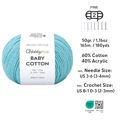 Image of Baby Cotton Blend Yarn - Soft Sport Weight Yarn for Crochet & Amigurumi - 50g /180yds - 60% Cotton 40% Acrylic - Ideal for Baby & Knitting Proj.(Blue Hosta, 2 Balls)