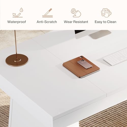 Image of Tribesigns 55-Inch Executive Desk, Large Wood Office Computer Desk with Double Pedestal, Modern Minimalist Workstations Writing Table Conference Table Furniture for Home Office, White