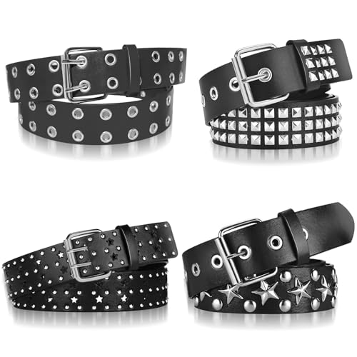 4 Piece Studded Rivet Double Grommet Belt Set - Faux Leather Gothic Goth Black - Punk Style Accessories for Men Women - Ideal Gift