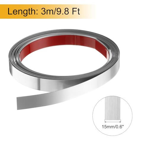 QUARKZMAN Zierleisten Selbstklebend Edelstahl mit Handschuh Wandleisten Selbstklebend Deckenleisten Selbstklebend Zierleiste für Wandspiegel Wohnkultur 3 x 15 mm Gebürstetes Silber