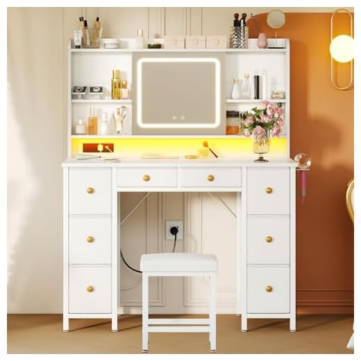 ODK Vanity Desk with Movable LED Mirror and 8 Drawers, Dressing Table with Built-in USB Power Outlets & RGB Light Strip, Vanity Table with 4-Layer Adjustable Shelves, White Makeup Desk 110×40×137cm