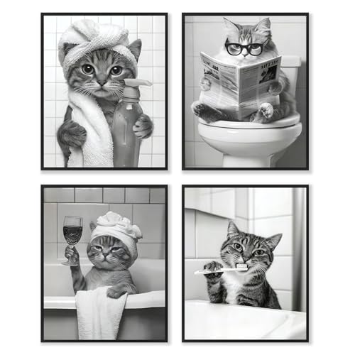 Dazzlewall 4Pcs Cuadro de Arte de Pared de Gato Divertido, Póster de Gato de Bañera de Baño Peculiar Decoración de Pared de Baño de Animales Caprichosos Impresión de Imagen, 8x10 Pulgadas Sin Marco