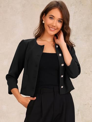 Allegra K Collarless Blazers for Women 3/4 Sleeve Dressy Casual Cropped Jacket4