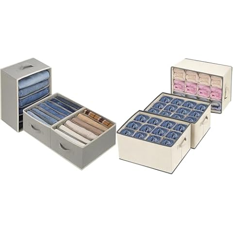 Baesyhom 12-Slot Jeans Organizer and 6-Slot Pants Organizer for Clothes, Jeans, Sweater, T-shirt, Dress Stackable for Wardrobe Closet Drawer Organizer Storage Bin Container, Beige & Grey Cover