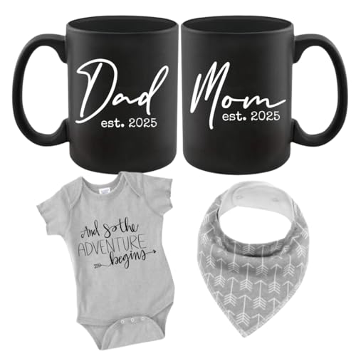 Image of Pregnancy Gift Est 2025 - New Mommy and Daddy Est 2025 11 oz Mug Heart Set with "And So The Adventure Begin" Romper (0-3 Months) Top Mom and Dad Gift Set for New and Expecting Parents to Be