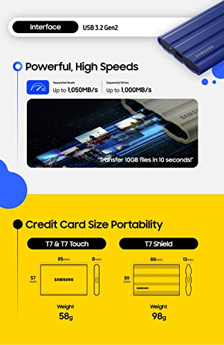Image of Samsung T7 500GB Up to 1,050MB /s USB 3.2 Gen 2 (10Gbps, Type-C) External Solid State Drive (Portable SSD) Blue (MU-PC500H)