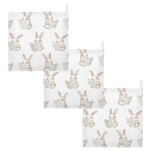 Image of vvfelixl Bunny Reading Newspapers Baby Burp Cloths Baby Muslin Washcloths for Boys Girls Cotton Babys Face Towel for Newborn Infants Soft and Absorbent 11.8 X 11.8 in, 5 Pack