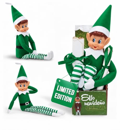 LEIGHT Elfo de vinilo suave con sombrero y etiqueta, el elfo plegable más pequeño del mundo 40 cm en la estantería accesorio navideño para niños y niñas (Thommy verde)