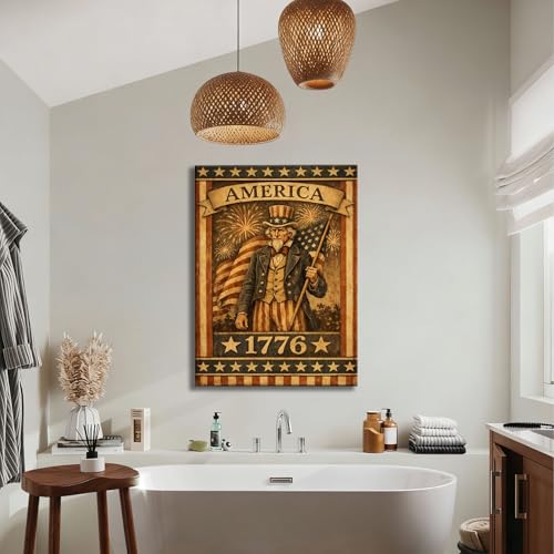 Image of Made in USA Vintage Patriotic Uncle Sam 1776 Wall Art, American Flag Canvas Prints, 4th of July Independence Day Decor for Living Room, Bedroom, Kitchen & Holiday, Framed