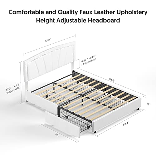 Bonsoir Queen Size Storage Bed Frame Upholstered Low Profile Traditional Platform With Tufted And Nail Headboard/No Box Spring Needed/4 Pull Out Drawers/White Faux Leather #TOP2